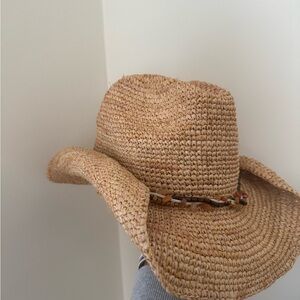 Stylish Tan Straw Hat with Beaded Band